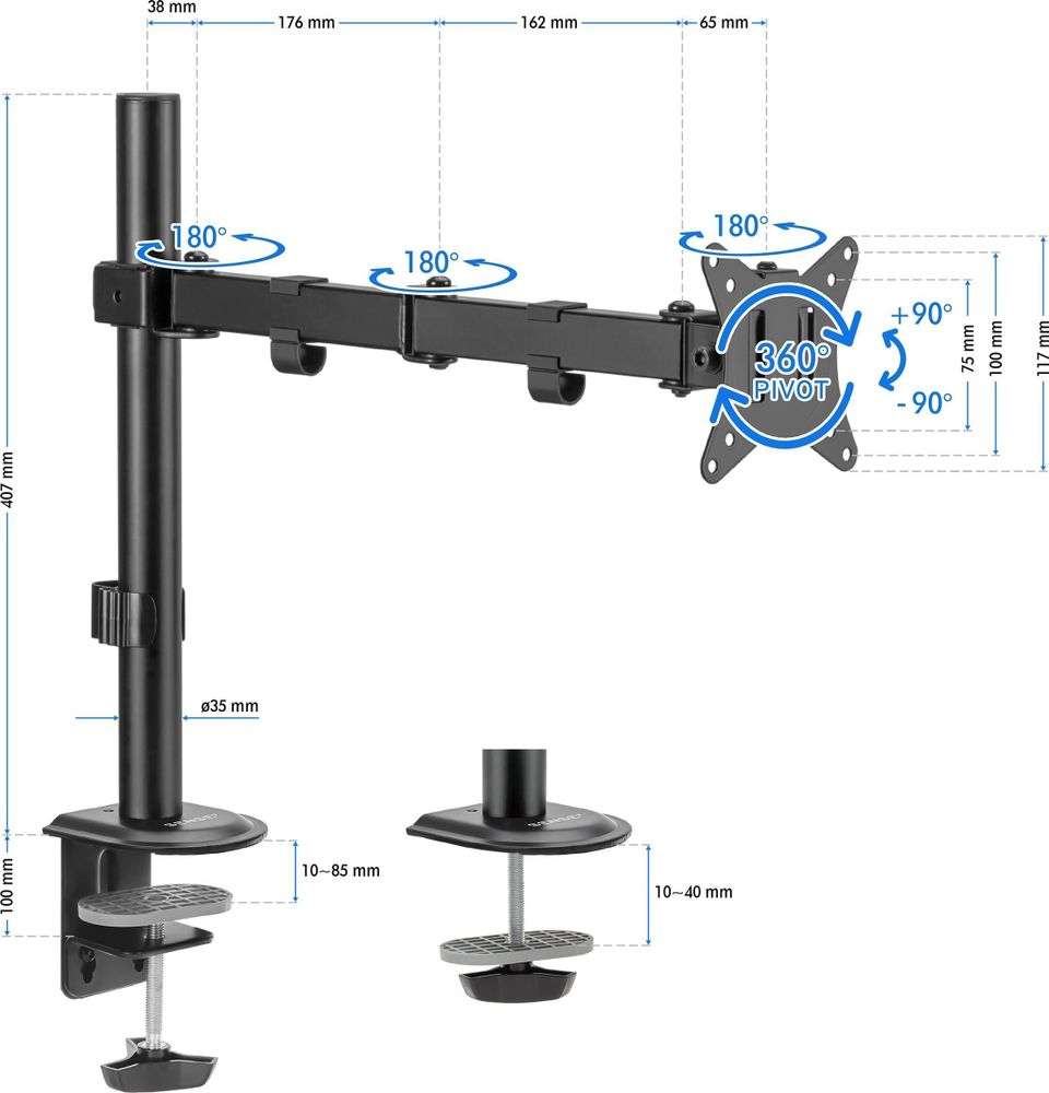 SENSE7 FLOAT ARM Monitorhalterung 1 Monitor 17-32 Zoll VESA 100x100 cm Monitorarm Schwenkbar Höhenverstellbar Tischhalterung PC Bildschirm Halterung