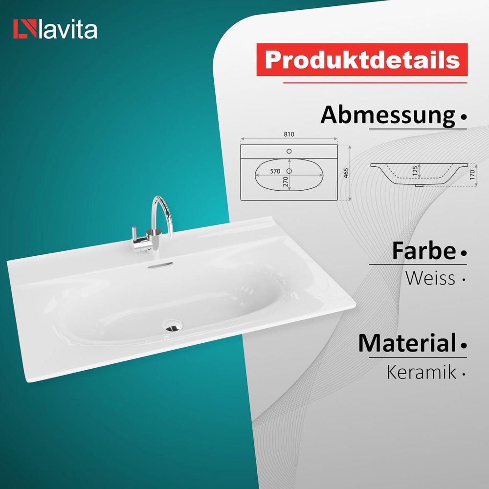 LAVITA Möbelwaschtisch Kolorado 800 | Möbelwaschbecken | Waschbecken mit Überlauf und Hahnloch | Aus hochwertigem Porzellan | Waschtisch | 81x46,5x17 cm | Weiß Glanz