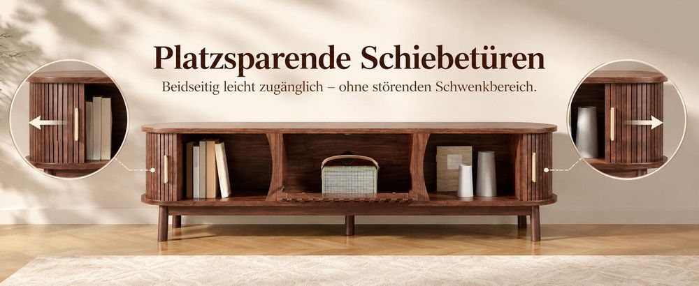 okwish TV-Schrank mit Schiebetür und nach unten klappbarer Hohlschranktür,Lowboard mit Stützbeinen,Fernsehschrank passend für TV-Ständer bis zu 65 Zoll,braune