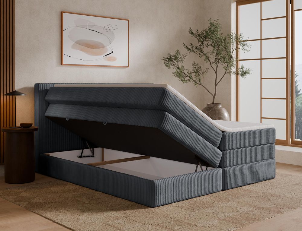 Boxspringbett Tilia DUO mit geöffnetem Bettkasten und Stauraum