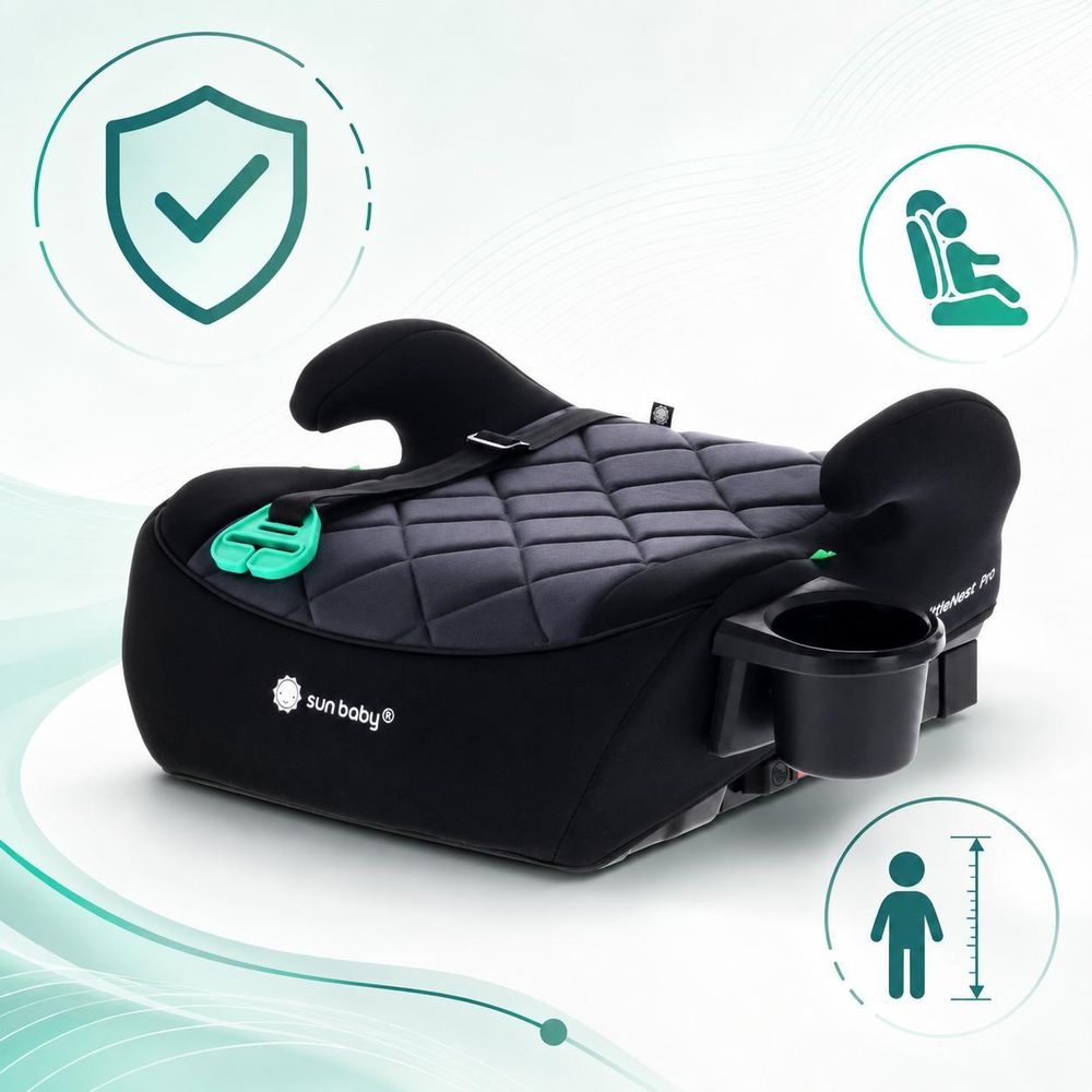 Sitzerhöhung Kindersitzerhöhung Autositz Booster-Sitz Autokindersitz ISOFIX 125–150 cm Getränkehalter LittleNestPro schwarz Sun Baby