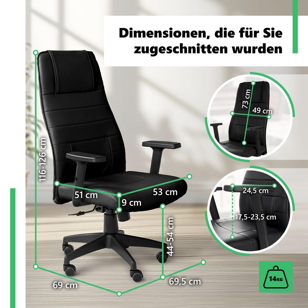 di volio Bürostuhl Adelo Schwarz, ergonomischer Schreibtischstuhl mit Höhenverstellung, max. Körpergewicht 150 kg, Chefsessel auf Lenkrollen