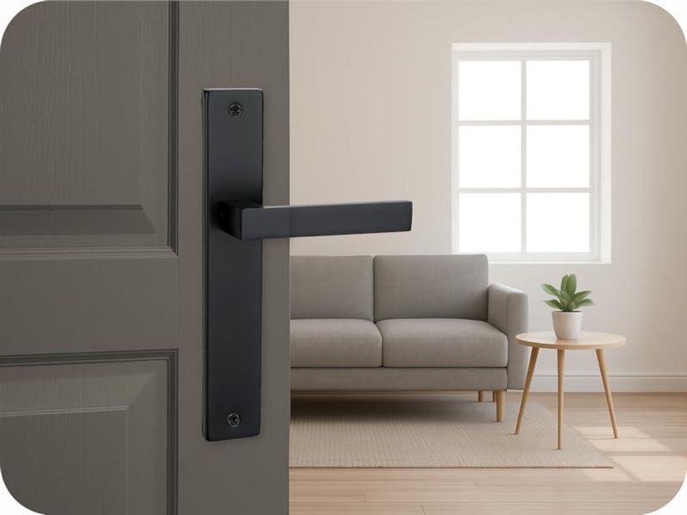 DOMINO Türgriff Blind Drückergarnitur | Langschildgarnitur | Türklinke für Zimmertür, Bürotür, Kellertür & Innentür | L-Form | Türbeschläge aus Aluminium | Schwarz Türdrückergarnitur | QUBIK BLACK