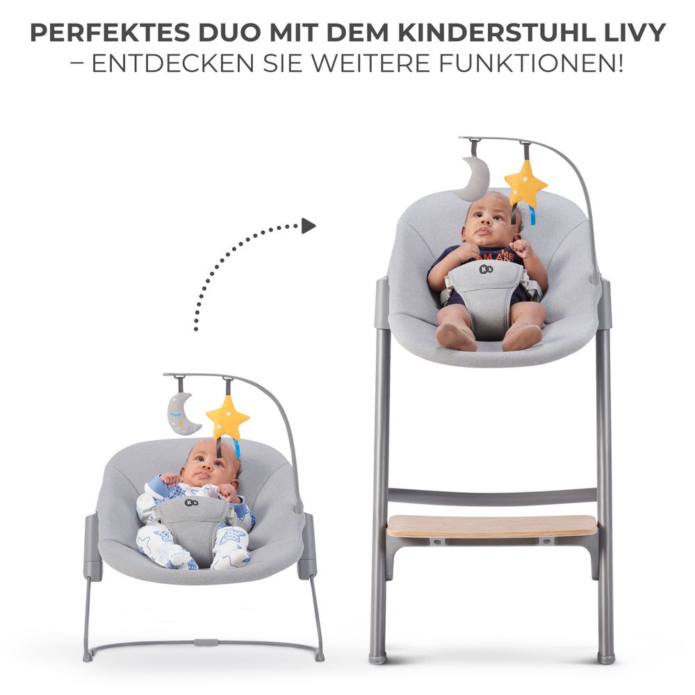 Kinderkraft CALMEE Babyliege - Natürliches Schaukeln - 3-Punkt-Gurt - Leicht & Stabil - Spielbügel - Weicher Sitz - Leicht zu Reinigen - Grau