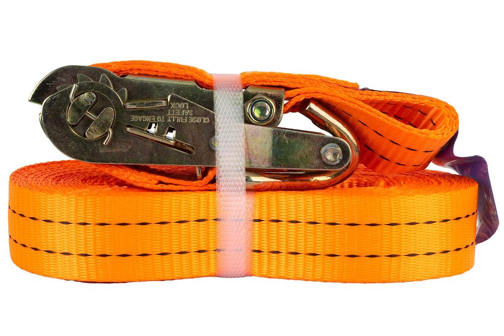 UNITRAILER upínací popruh s ráčnou, 10 m, 35 mm, nosnost 2 t, oranžový, pro zajištění nákladu na přívěsech a nákladních vozech, dvoudílný