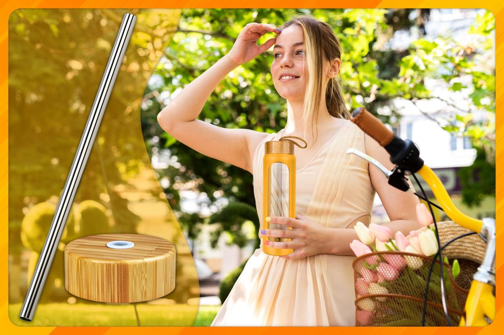 Kuketo | Glas Trinkflasche 1,2 L Mit Strohhalm & Sieb – Wasserflasche Gelb Für Getränke, BPA-Frei, Auslaufsicher & Stilvoll Für Alltag & Fitness