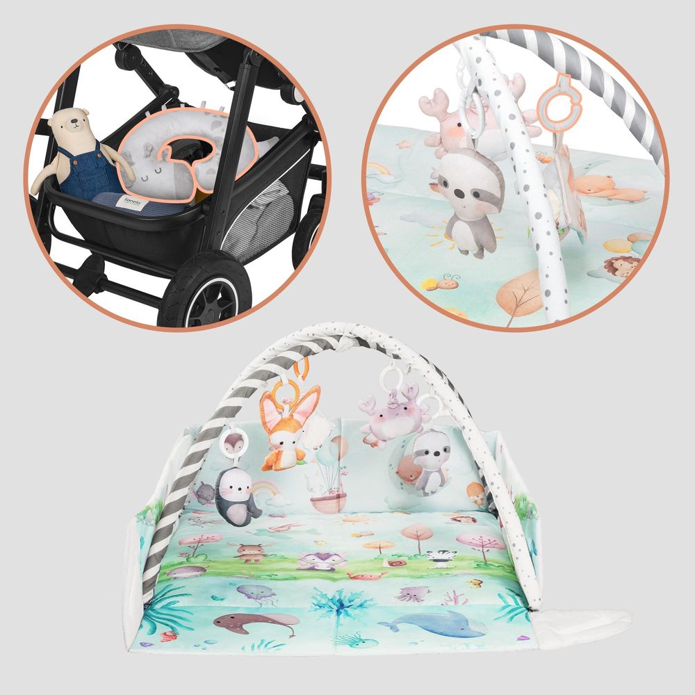 Lionelo Spielmatte mit Spielbogen Anika Natural aus Bambus mit 8 abnehmbaren Spielzeugen, baby spieldecke mit spielbogen