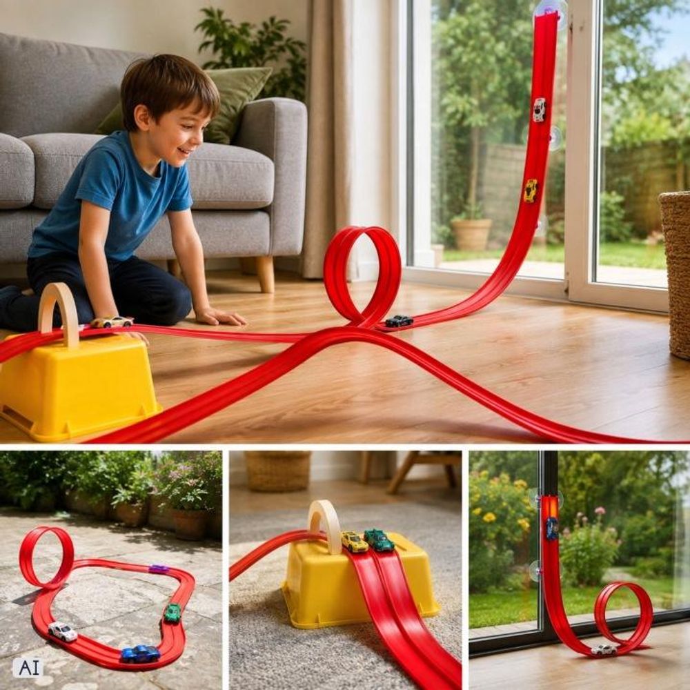 Autoracebaan 4 m voor kleine autootjes, rode baan met helling, looping en zuignappen, zwaartekrachtspeelgoed 3+