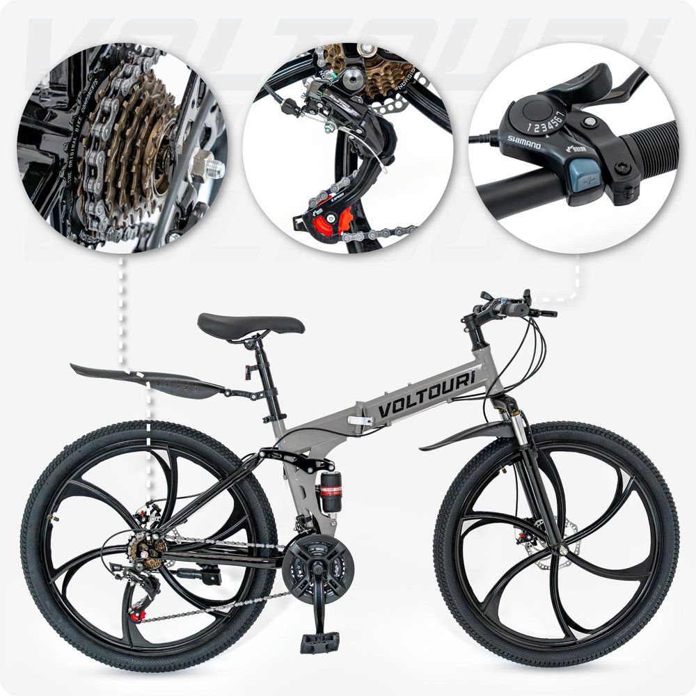 Voltouri Klappbares Mountainbike 26" – 21 Shimano-Gänge, Doppelfederung, Scheibenbremsen