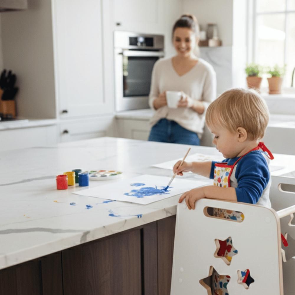 Helper VERK.design pomocnik kuchenny dla dziecka 90 cm kitchen helper z zasuwą podest regulowany stołek edukacyjny biały drewniany gwiazdki