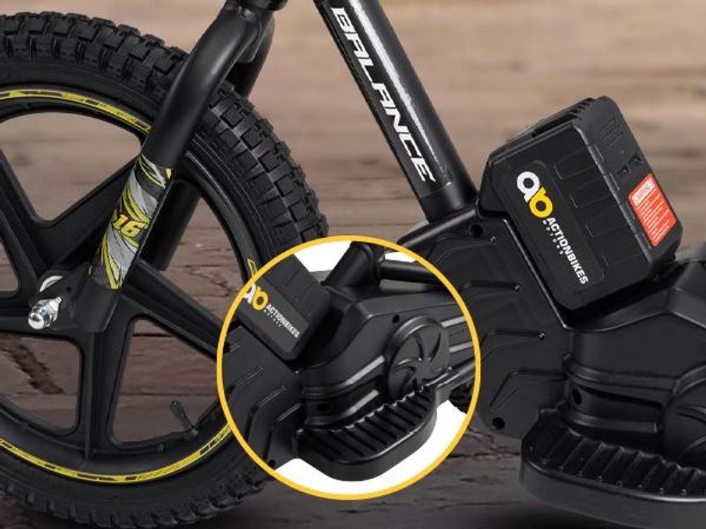 Actionbikes Motors Kinder Balance Bike 12 Zoll | Elektrofahrrad - Elektrofahrzeug - Fahrrad - 250 Watt - Scheibenbremsen - ab 3 Jahren (Schwarz/Gelb)