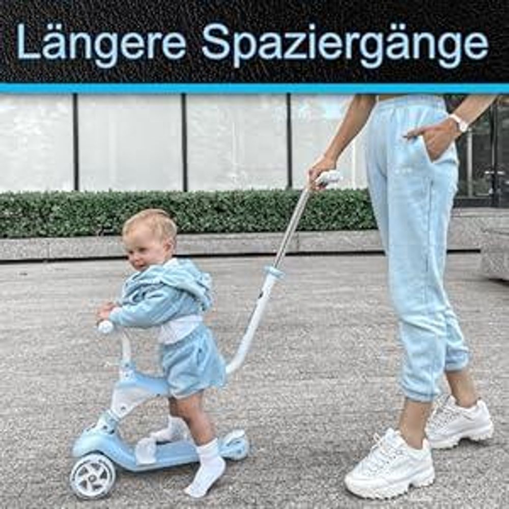 5-in-1 Kinderroller mit Schiebefunktion und Gummirädern, blau