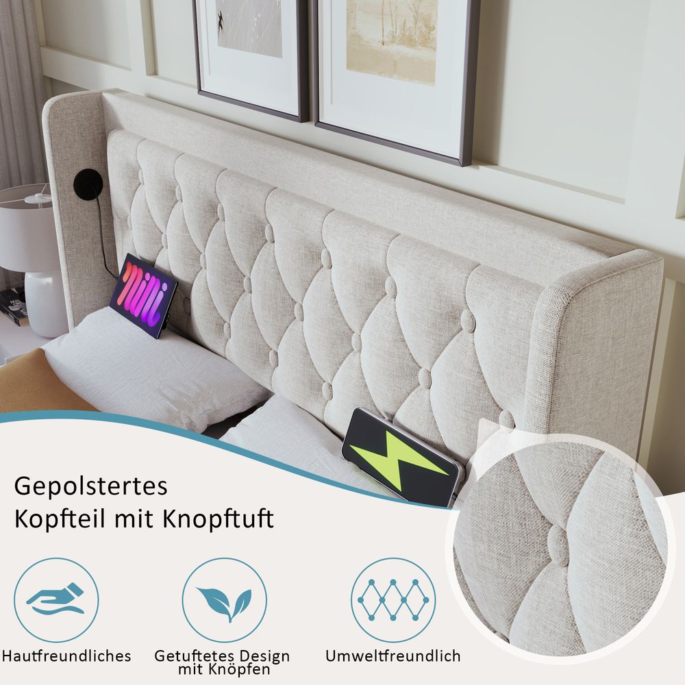 Flieks Polsterbett 160x200cm mit USB & Typ-C, Doppelbett Jugendbett mit LED, Hydraulisches Stauraumbett Boxspringbett mit Lattenrost, Baumwolle, Beige