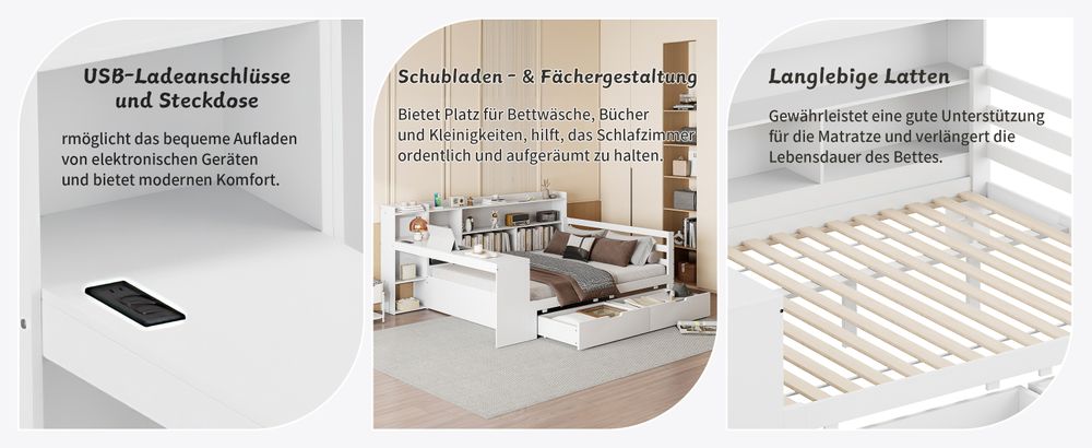 MODFU Schlafsofa Holzbett Kinderbett Jugendbett, 140*200 cm, Mit Schreibtisch Bücherregal Ablagefächern und Regalen, Mit Steckdose, Mit 2  Ablagefächern, Weiß  ohne Matratze