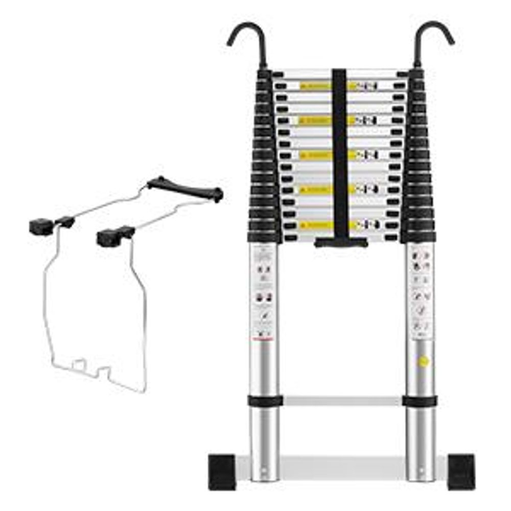 STANEW Échelle Télescopique 6.2M avec Stabilisateur d'échelle, Marchepieds Escamotables en Aluminium avec Barre Stabilisatrice et Crochets Amovibles