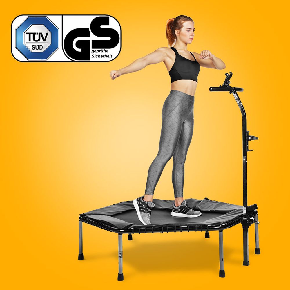 Messe-Neuheit 2020! Smart Fitness Trampolin, inkl. Pulsgurt, Sprungzähler & APP, klappbar, höhenverstellbarer Haltegriff mit Handy- & Flaschenhalterung, HTX100 Indoor Jumping Workout