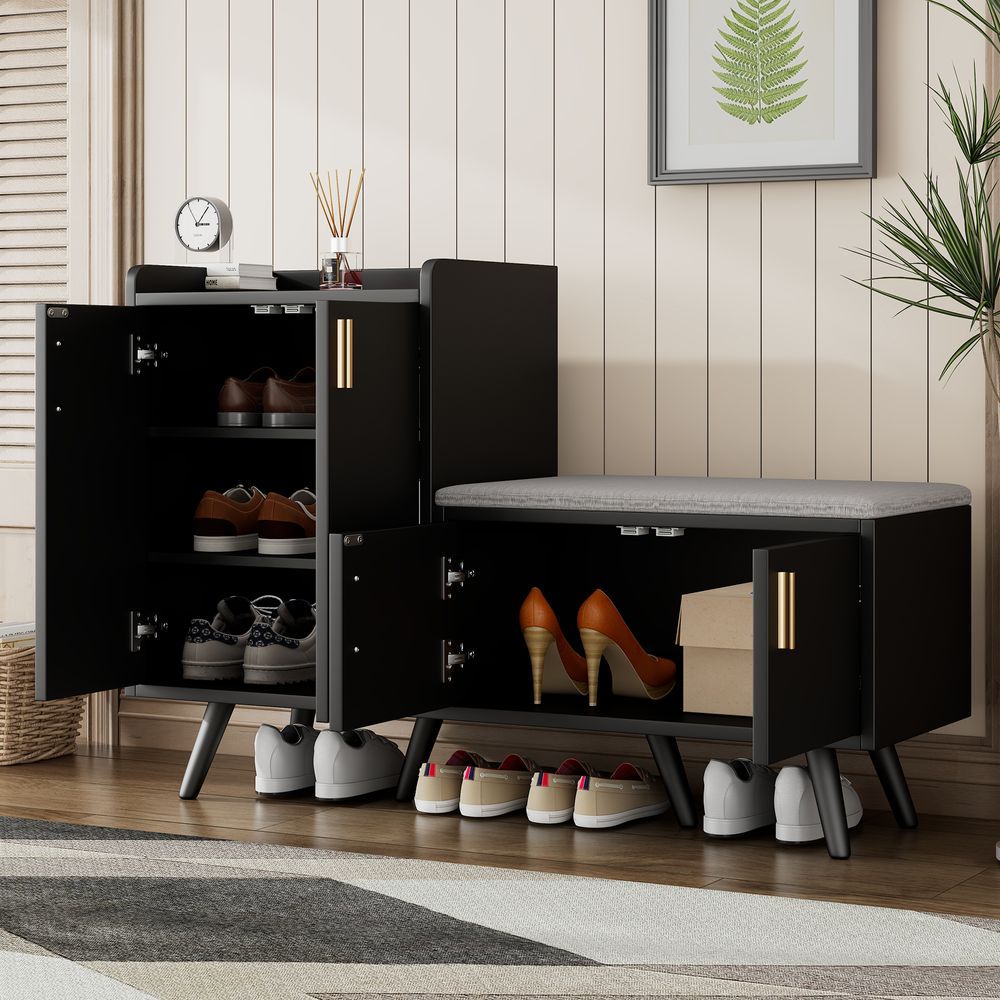 Merax Schuhschrank mit Sitzbank, Schuhregal mit Kippsicherung und gepolsterter Sitzfläche, Holzoptik 4 Türen, Stauraum für Schuhe & Taschen, Schwarz