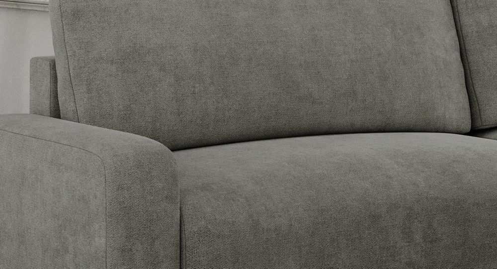 Zoomen Sie auf die Sitzfläche des Ecksofas. Sofa aus grauem strukturiertem Stoff