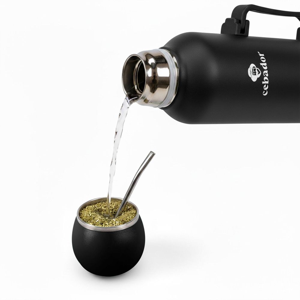 Cebador - Thermoskanne YerbaGo 1,3l - 3-in-1 Thermos, Mate Becher, Bombilla - Edelstahl Schwarz - Vakuumisolierung - Doppelwandig, Temperaturhaltend