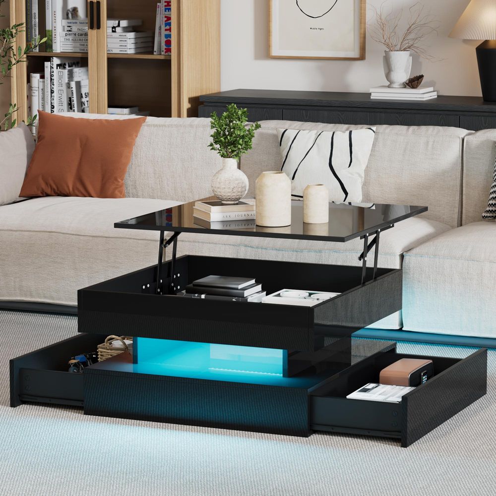 STILVORA 65 x 65 x 38.5 cm Couchtisch anhebbarer Wohnzimmertisch Hochglanz-Sofatisch mit Schubladen Kaffeetisch mit LED und verstecktem Stauraum