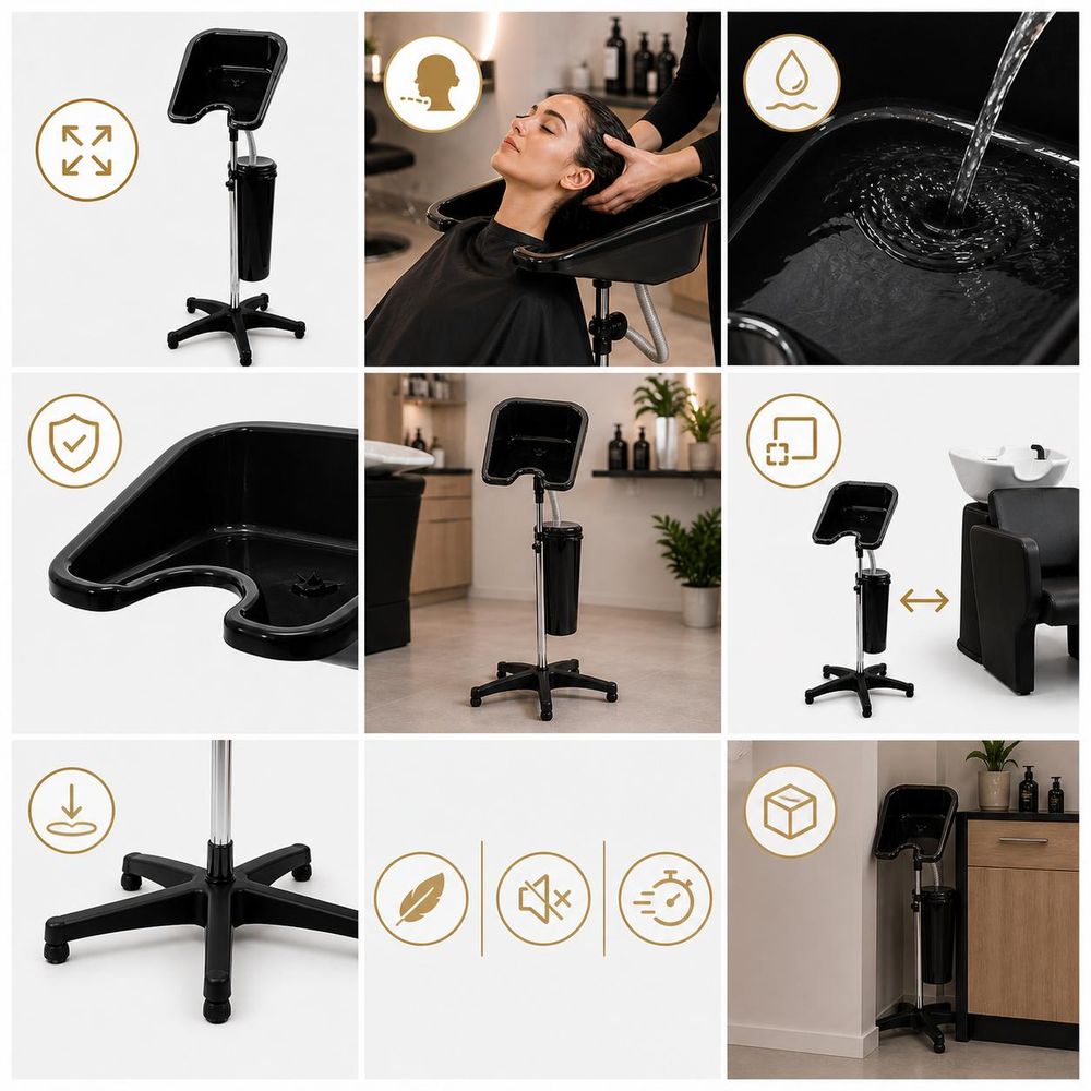 Bac à shampoing portable sur pied réglable - Bac de lavage coiffure mobile avec réservoir