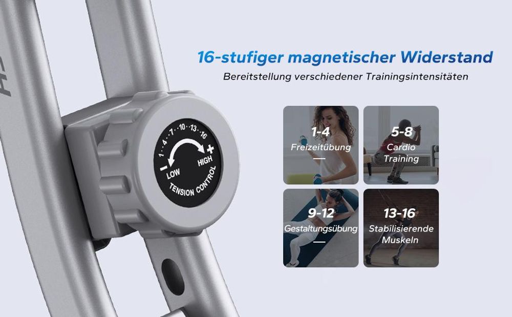 4-in-1 klappbarer Heimtrainer für Zuhause– magnetischer Ergometer mit 16 Stufen, LCD & Pulsmessung, Tabletständer, kompatibel Kinomap, bis 136 kg