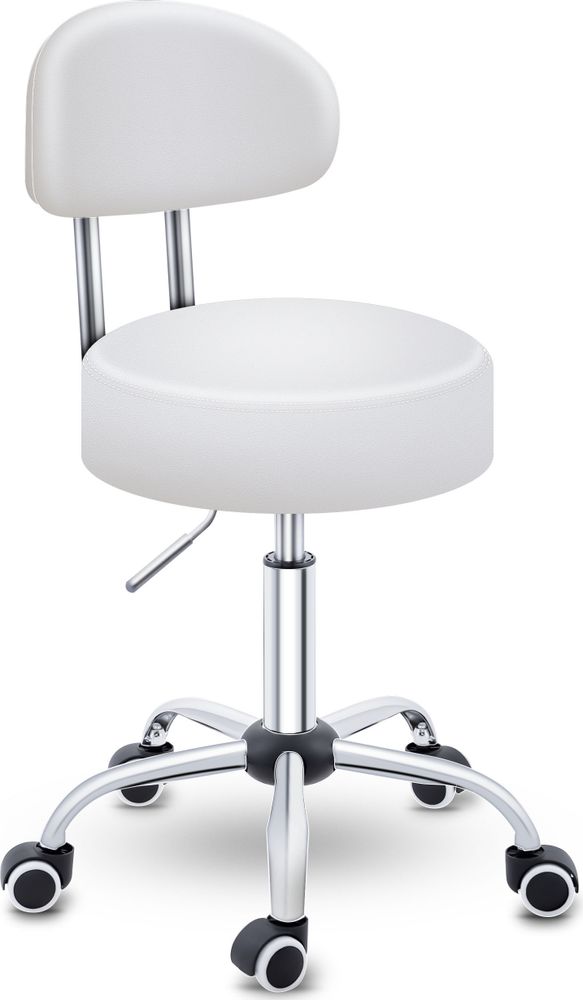 TRESKO® Rollhocker mit Lehne 150 kg Weiß | Arbeitshocker höhenverstellbar 46-58 cm | Drehhocker mit Rollen | Bürostuhl Hocker Drehstuhl Kosmetikhocker