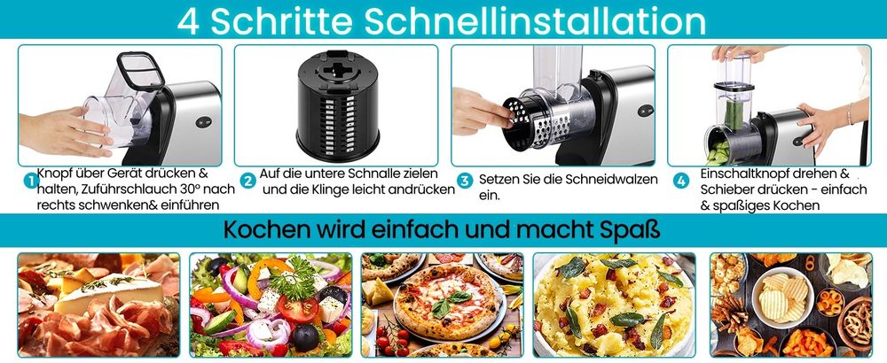 5 in 1 Elektrischer Gemüsehobel, 550W Automatisch Gemüseschneider mit großer Schneidtülle, 5 Kegel-Klingen, Edelstahl Multifunktionsreibe Gemüse Raspe
