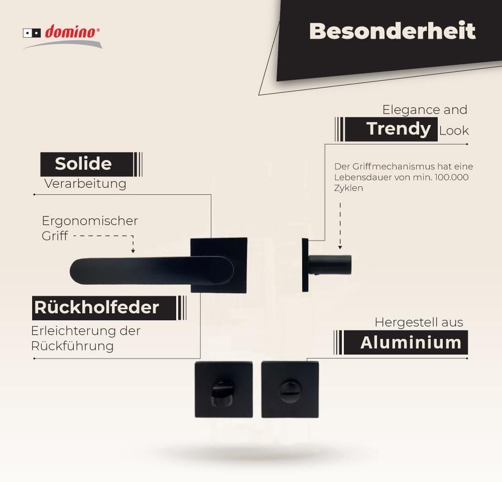 DOMINO Türgriff Drückergarnitur WC - Badezimmer Set | quadratische Rosette | für Badezimmertüren | Set WC - Rosetten-Garnitur | Türbeschläge aus Aluminium |Schwarz Türdrückergarnitur | DENVER-QR SLIM BLACK