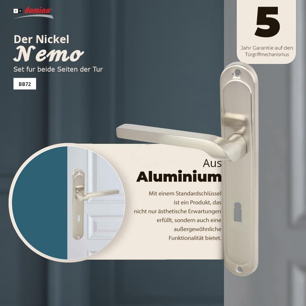 DOMINO Türgriff 72 Drückergarnitur BB - Buntbart Set | Tür-klinke für Zimmertür, Bürotür, Kellertür & Innentür | L-Form | Aluminium | Nickel | NEMO M9