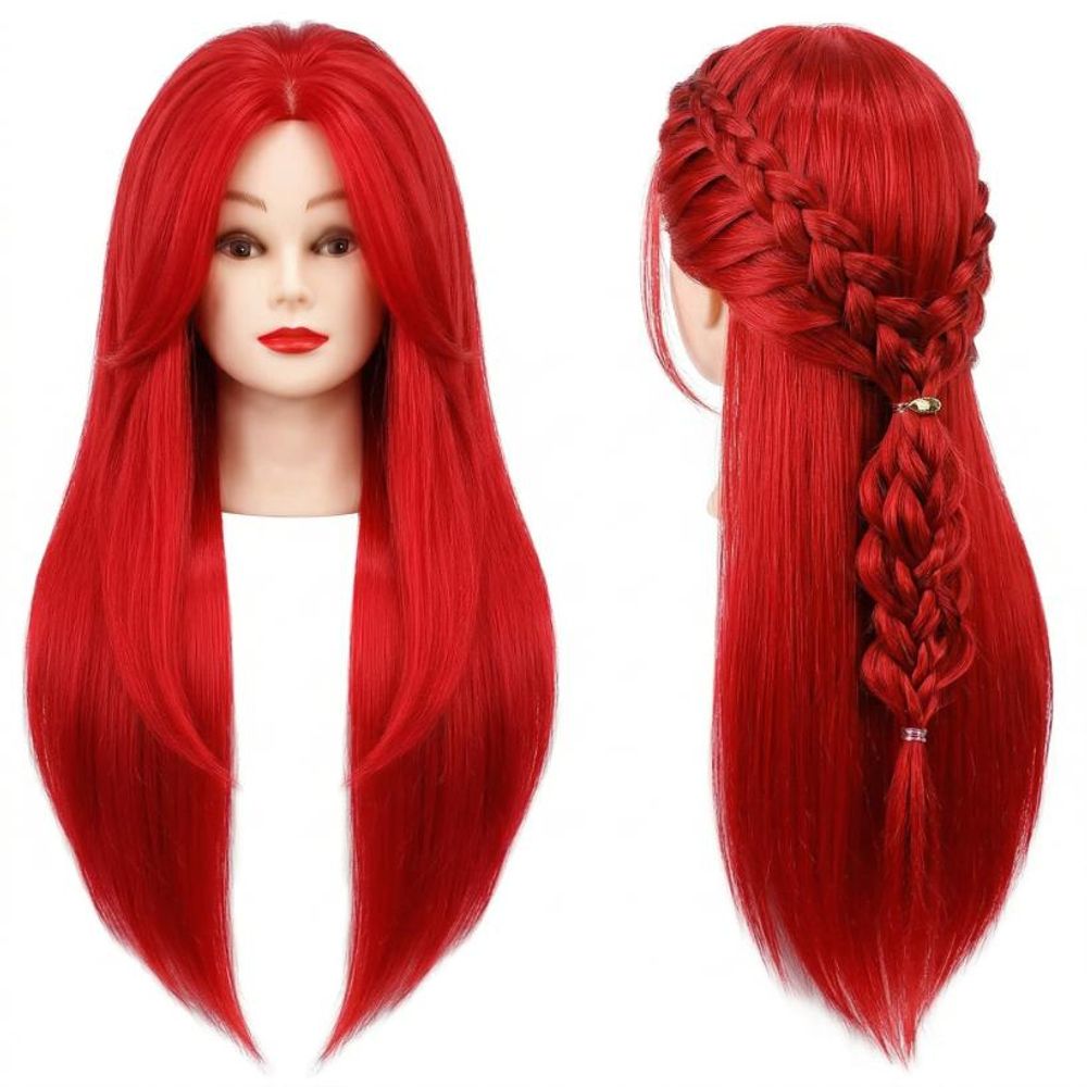 Testa manichino per parrucchieri Iza 80 cm rosso, capelli termici, con morsetto per allenamento e