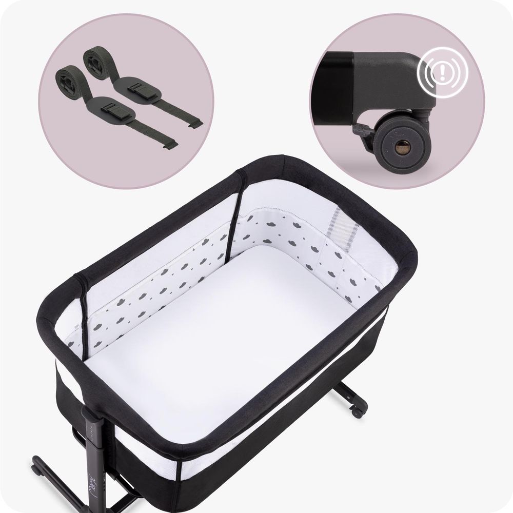 MoMi REVO – 2-in-1 Beistellbett & Babybett, höhenverstellbar mit Neigungsverstellung, inkl. Matratze, Spielzeug & Moskitonetz – Dunkelgrau