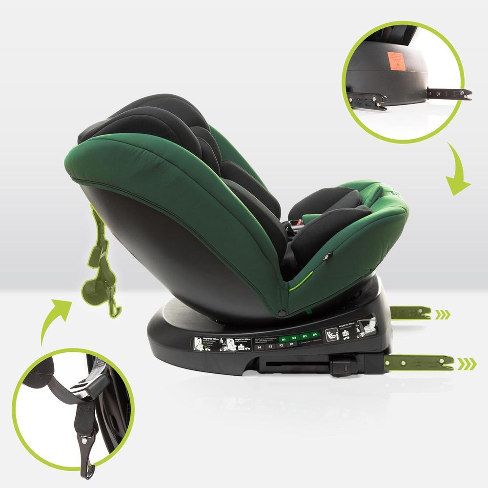 4BABY Kindersitz drehbar 360 ISOFIX Matt-Fix I-SIZE verstellbare Kopfstütze Sitz 0-36kg, 40-150 cm DarkGreen