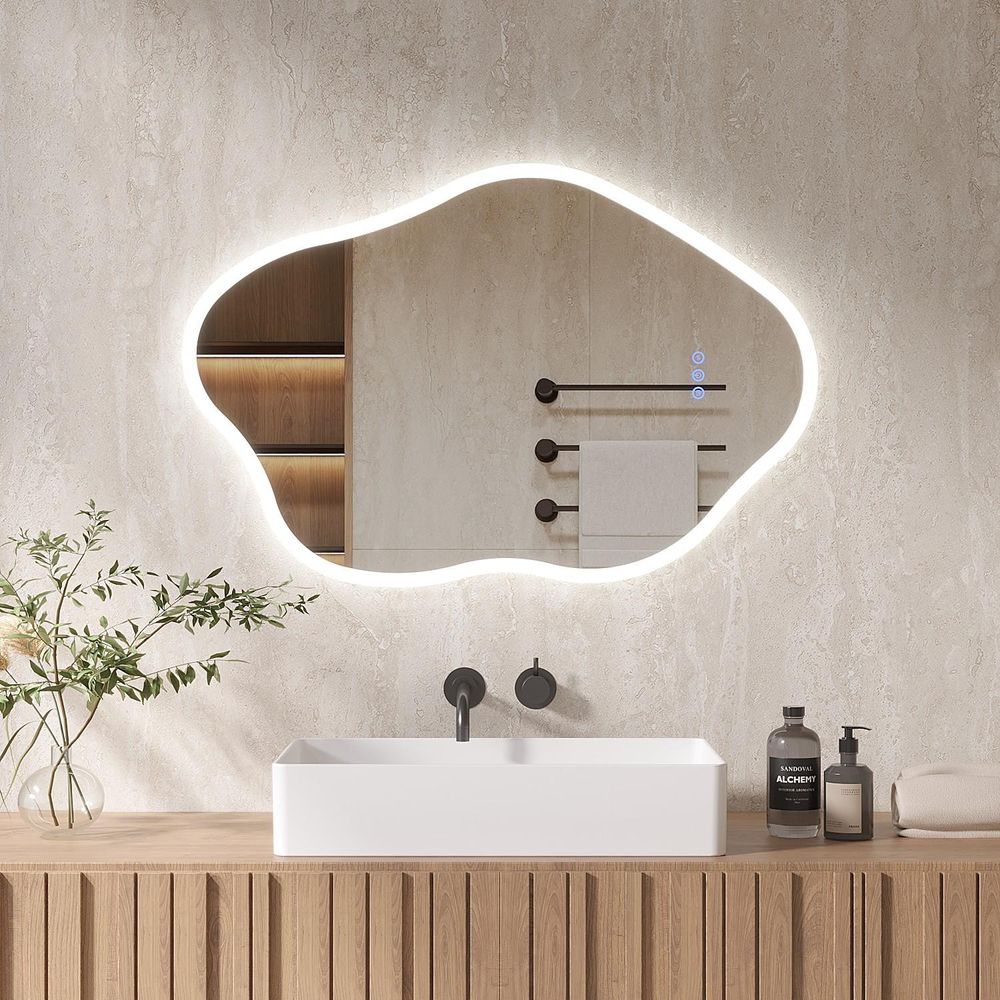 Asymmetrischer LED Badspiegel mit Beleuchtung und Anti-Beschlag 90x60 cm – Unregelmäßiger Deko-Wandspiegel mit Touch-Schalter 3 dimmbaren Lichtfarben