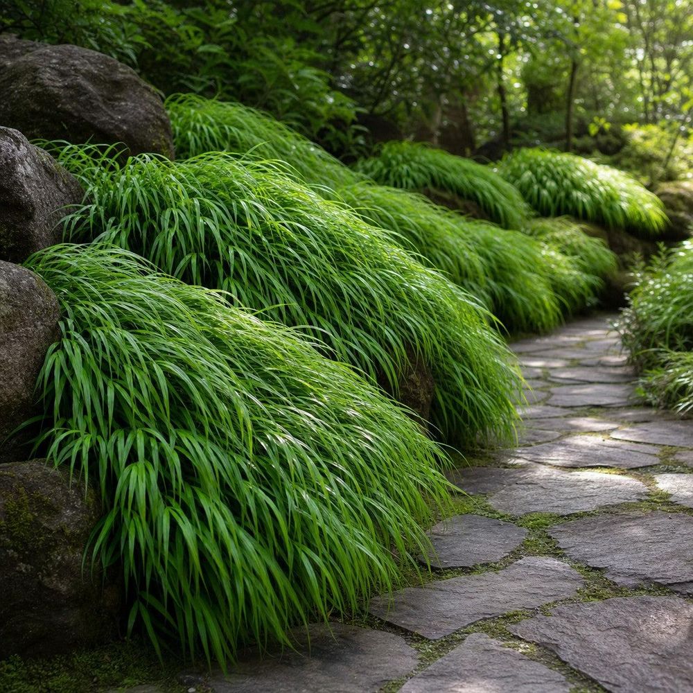 Japanisches Berggras säumt Steinweg im Schatten, überhängende Halme