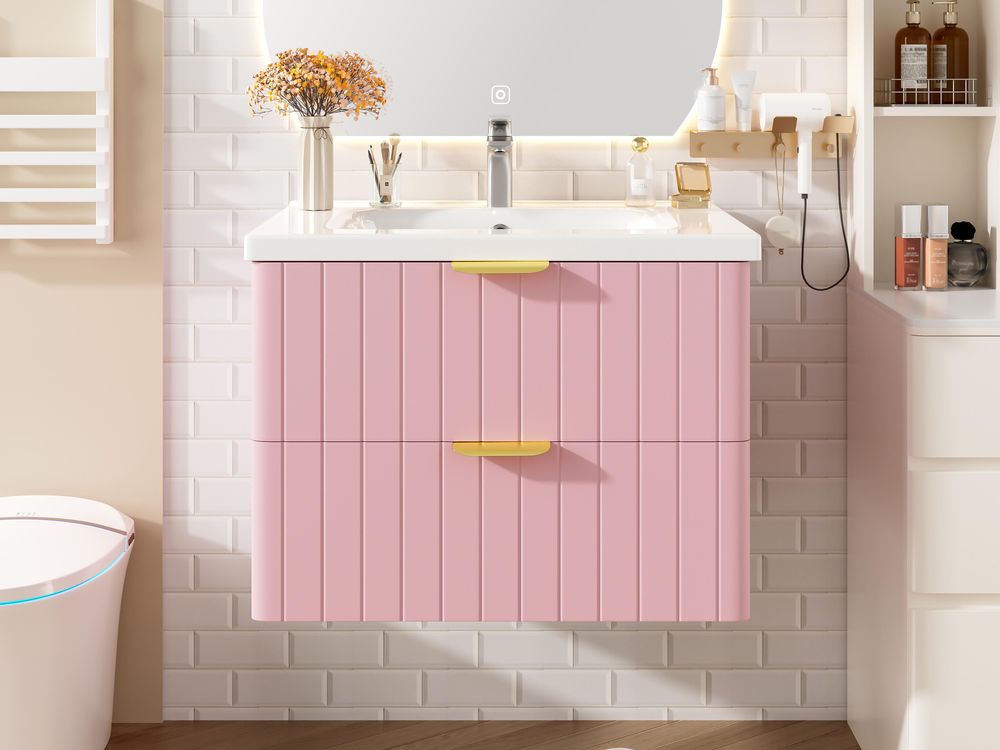 Merax Waschbeckenunterschrank hängend, mit Keramik-Waschbecken, 2 Schublade, Waschtisch, Kleiner Badezimmerschrank, 60,5x47,5x47 cm, Rosa