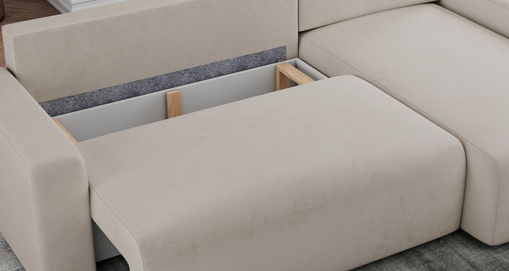 Beigefarbenes Ecksofa aus velvet Stoff. Foto zeigt Bettkasten