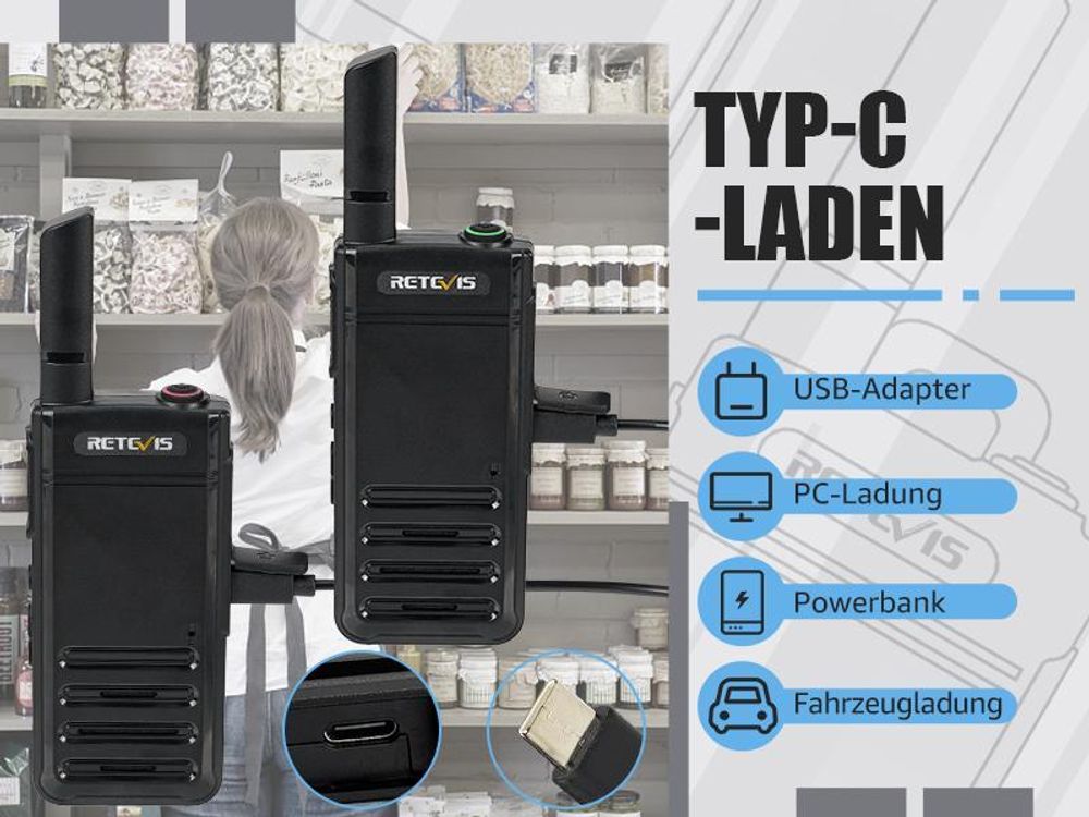 Retevis RB639P Funkgeräte mit Bluetooth-Headsets, ultraflaches Walkie Talkie, VOX, USB-C, PMR446, für Schule, Restaurant, Supermarkt