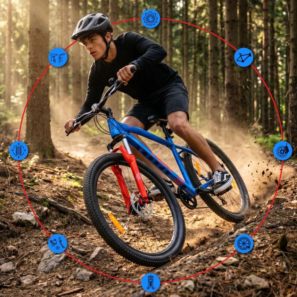 Joven tomando una curva en sendero forestal, iconos de características técnicas