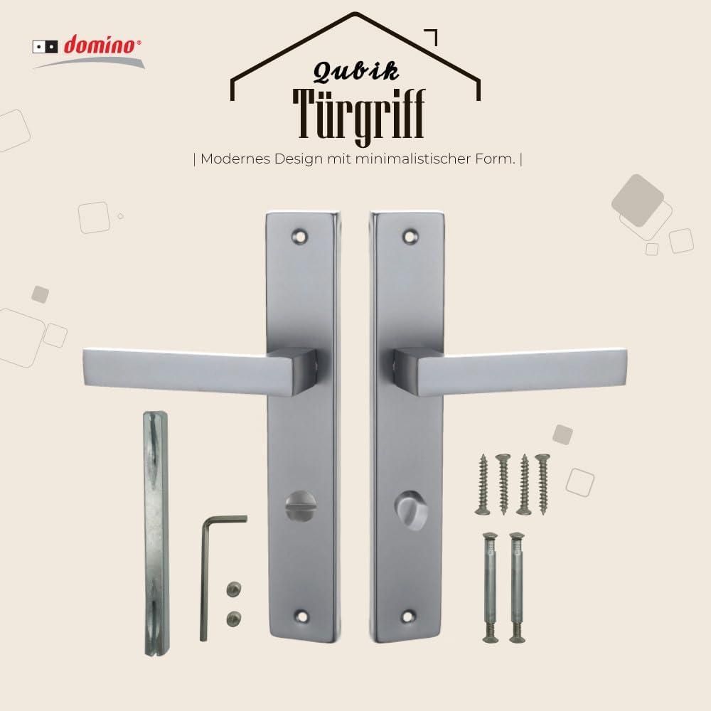 DOMINO Türgriff 78 Drückergarnitur WC - Badezimmer Set | Links & Rechts Türbeschlag für WC/Badezimmertüren | L-Form | Türbeschläge aus Aluminium | Satin Chrome Light Türdrückergarnitur| QUBIK M45
