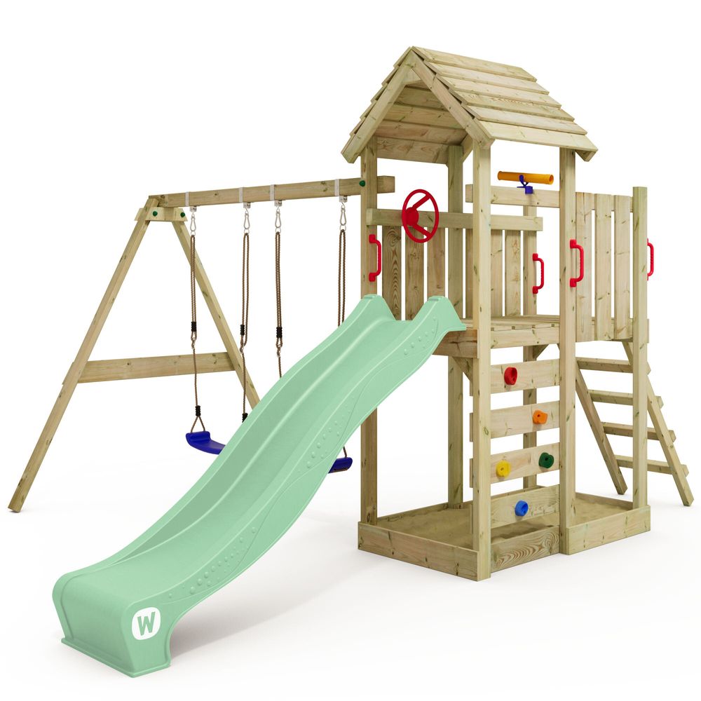 Spielturm Wickey MultiFlyer mit Holzdach und Schaukel in Hellgrün