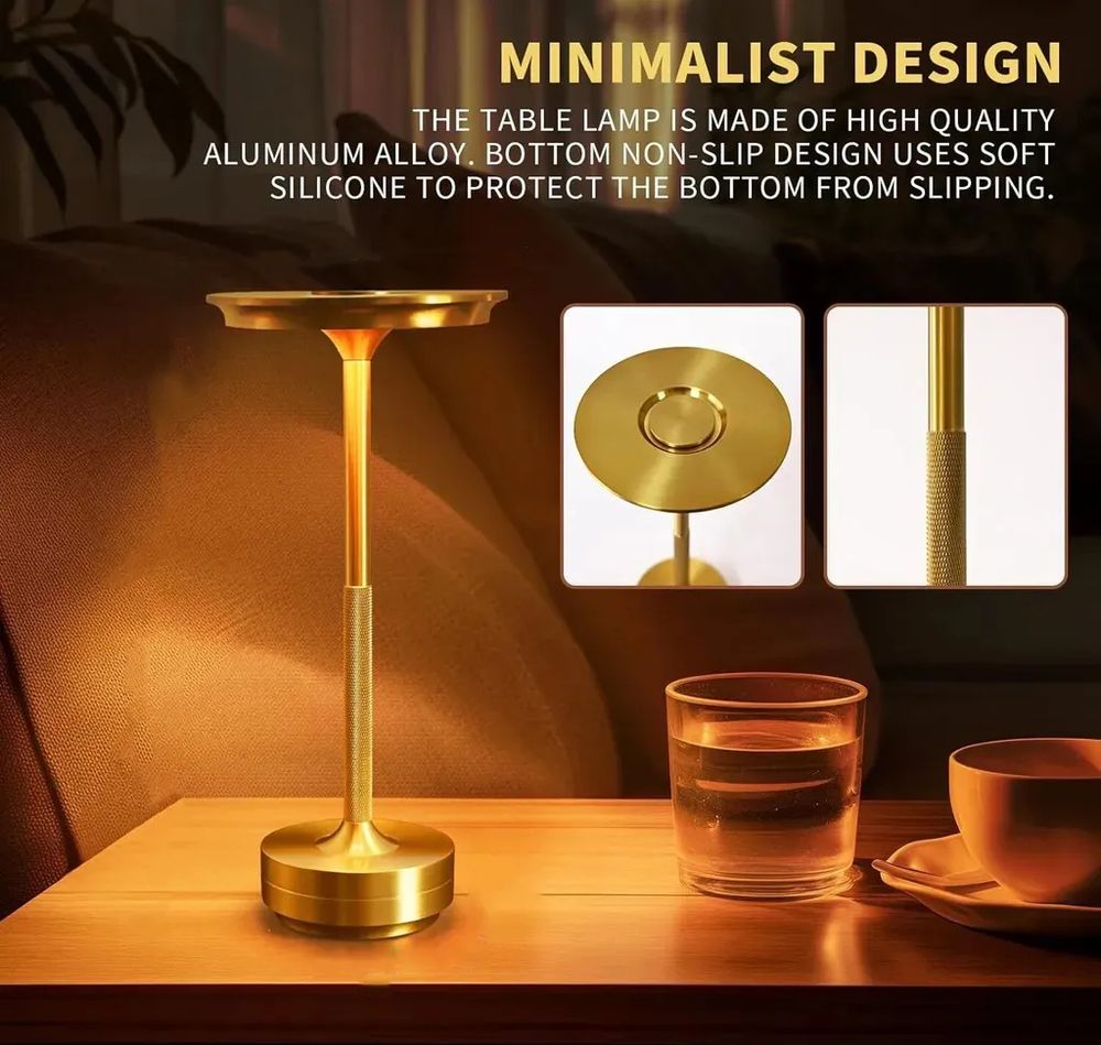 Kabellose Dimmbare LED Akku Tischleuchte Touch Tischlampe Lampe Wohnzimmer Nachttischlampen Dreifarbiges Licht Gold
