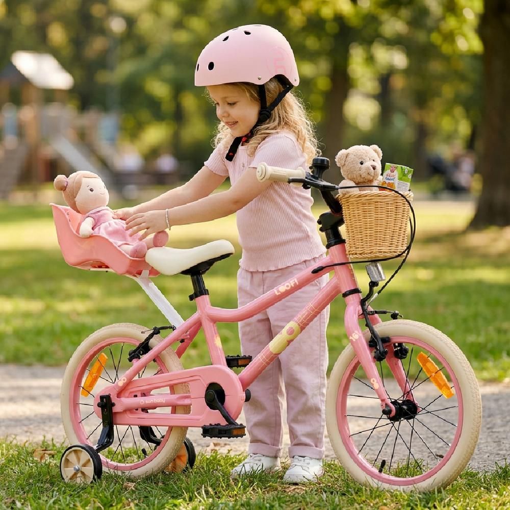 Vélo pour enfants SUN BABY LOOFI 16 pouces, vélo léger en aluminium de 6,9 kg pour les enfants à partir de 4 ans, avec roues d'appoint, panier, sonnette et siège pour poupée, pour filles