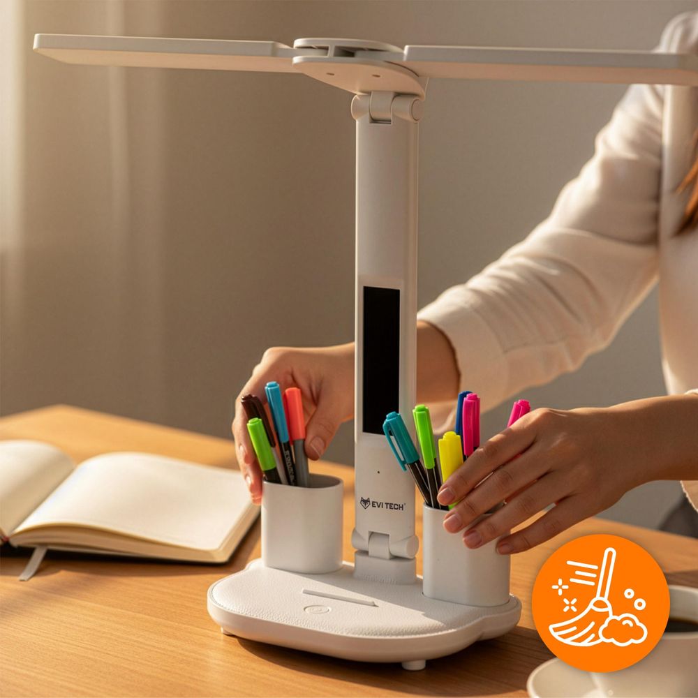Doppel-LED Schreibtischlampe mit Akku & LCD Display, 6in1 Tischlampe mit Uhr, Termometer & Organizer, Touch-Steuerung, USB-C, Weiß, EVI TECH 40 LEDs