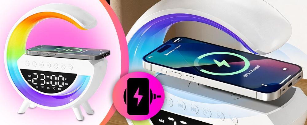 Nachttischlampe mit Ladefunktion - LED Touch Dimmbar mit 7 RGB Farben, Kabelloses 15W Laden -Bluetooth Lautsprecher Wecker & Uhr  USB AUX TF Retoo