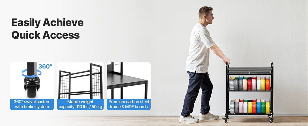VEVOR Wandmontierter Drucker Filamentlagerregal, 2-stufiges Wandregal, rollbare Filamentspulenhalter mit Rädern, Filamente organisiert für 3D-Druckstudio, Werkstatt (Nur Regal), Mobil, 3 Schichten