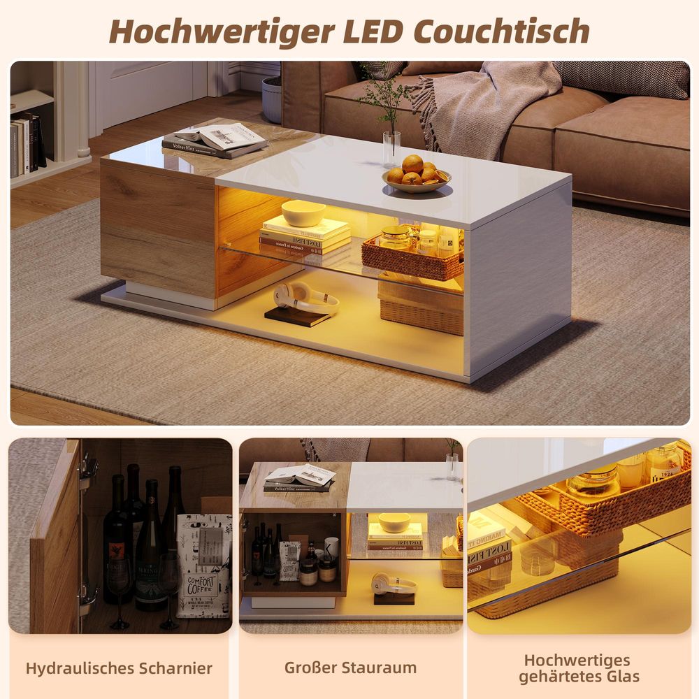 STILVORA Couchtisch 105x50x36cm mit LED-Lichtleiste und Stauraum, Wohnzimmertisch mit Beleuchtung, Kaffeetisch mit Hochglanz-Oberfläche