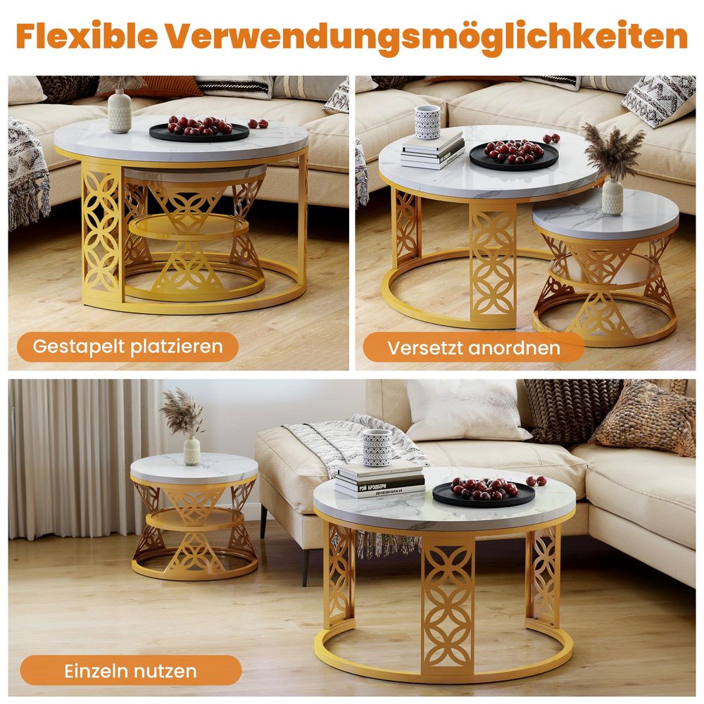 STILVORA Couchtisch Set 2-teilig, rund, Weiß Marmoroptik, Wohnzimmertisch mit goldenen Metallbeinen, moderner Beistelltisch, Weiß/Gold