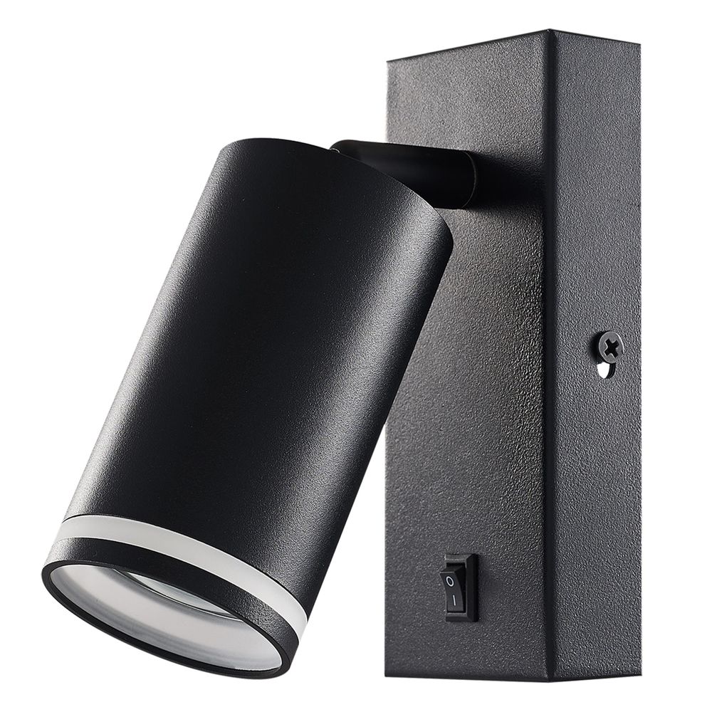 Schwarze Wandleuchte mit Kippschalter und weißem Ring, zylinderförmiger verstellbarer Spot.