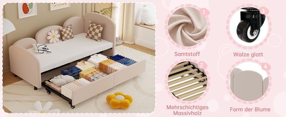 okwish Schlafsofa Daybett 90x200cm mit Ausziehbarem Unterbett 90x190cm und Lattenrost aus Holz, Tagesbett Kinderbett Jugendbett(Ohne Matratze)- Beige